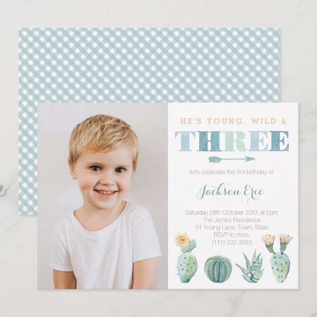 Convites Jovem Selvagem e aniversário de 3 anos de 3 Cactos (Frente/Verso)