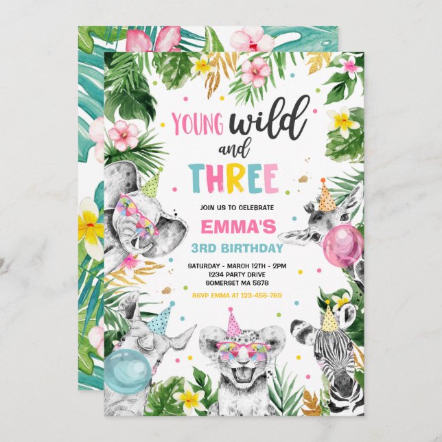 Convites Jovem Selvagem E Três Animais Selvagens Safari (Frente/Verso)