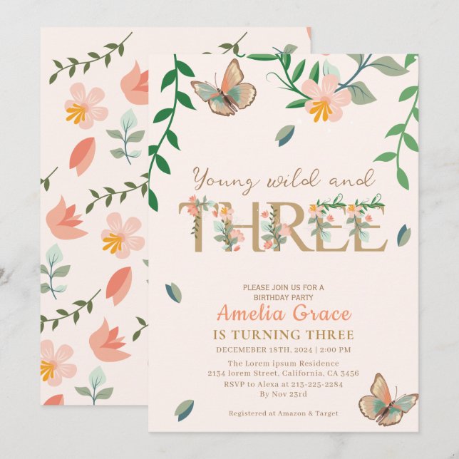 Convites Jovem selvagem e três aniversário de 3 anos florai (Frente/Verso)