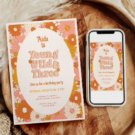 Convites Jovem Selvagem e Três Retro Daisy aniversário de 3