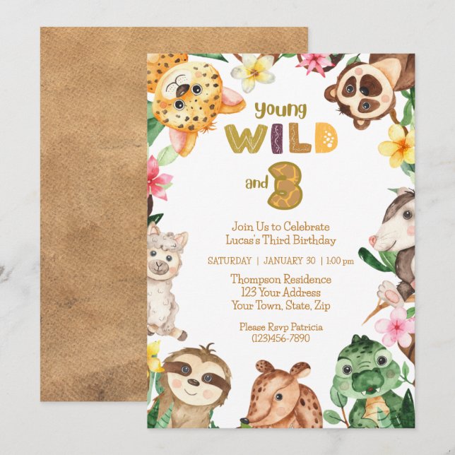 Convites Jovem selvagem e três Safari Animal aniversário de (Frente/Verso)