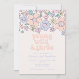 Convites Jovem Selvagem Três Floral Retro Aniversário de 3