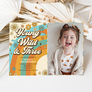 Convites Jovem Wild Três Retro Foto aniversário de 3 anos d