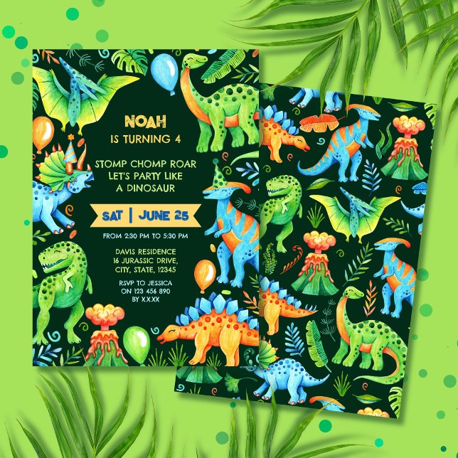 Convites Jovô Dinossauro Caramba e Roar Boy (Prehistoric Watercolor Dinosaur Boys Birthday Invitation)