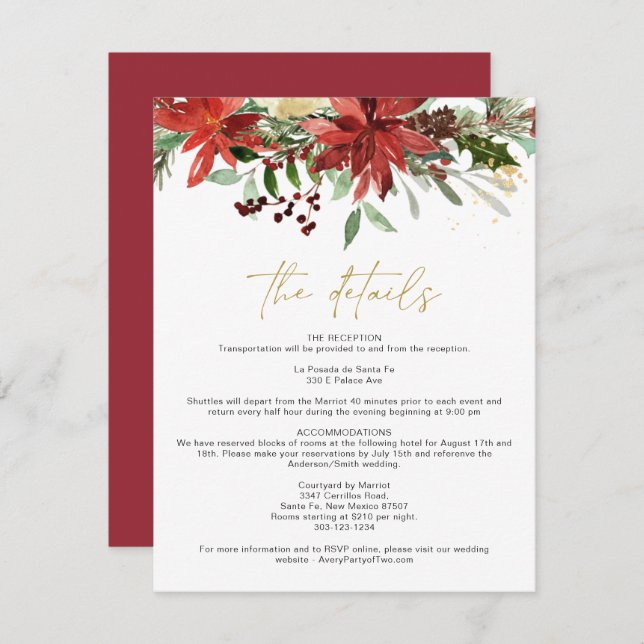 Convites JOY Red Winter Poinsettia Floral Details Card (Frente/Verso)