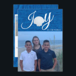 Convites Joy To The World Photo Collage Christmas Card (Joy<br><div class="desc">Um cartão com fotos de férias de praia que mostra uma foto grande na frente com a palavra Joy.  Há uma concha no lugar do O para dar um tema náutico.  Personalize com um nome no verso,  3 fotos e uma mensagem de feriado.</div>