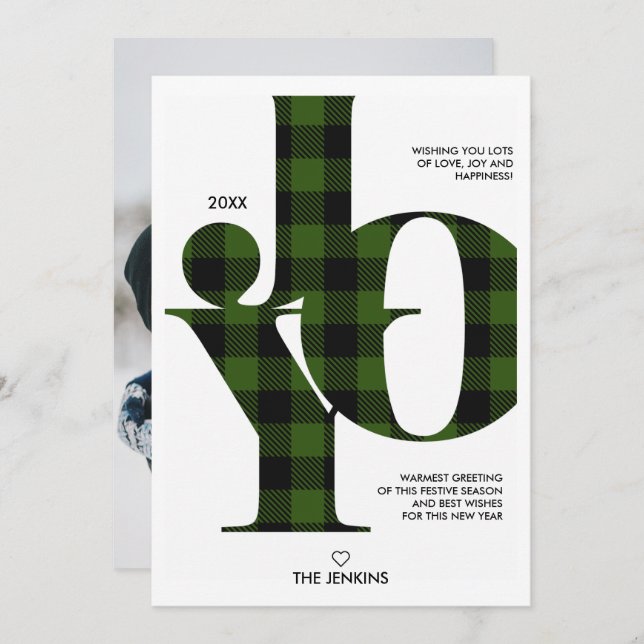 Convites Joy Typografia Xadrez Verde Buffalo Feriado (Frente/Verso)