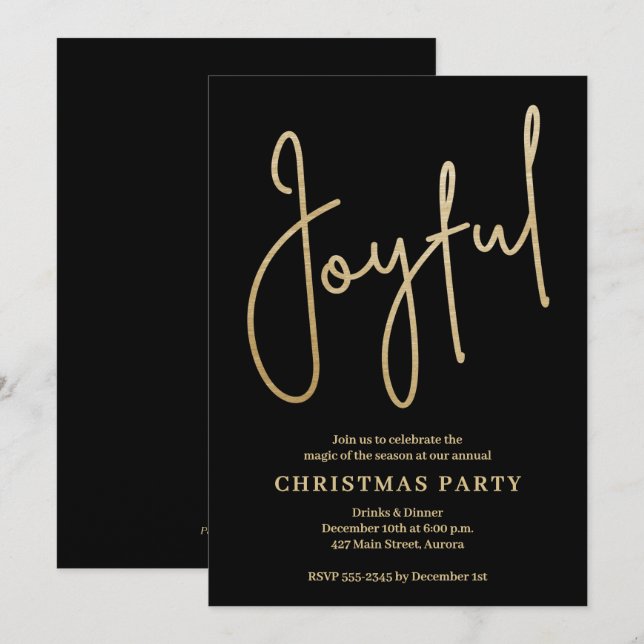 Convites JOYFUL Dourado Falso em Preto Festa de Natal (Frente/Verso)