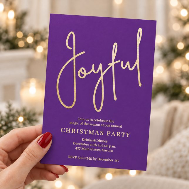 Convites JOYFUL Festa de Natal em Roxo com Folha de Ouro Fa (JOYFUL in faux gold foil on purple Christmas party invitations, PRINTED and/or INSTANT DOWNLOAD)