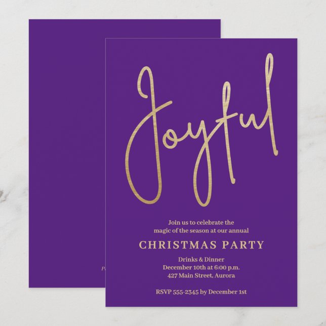 Convites JOYFUL Festa de Natal em Roxo com Folha de Ouro Fa (Frente/Verso)
