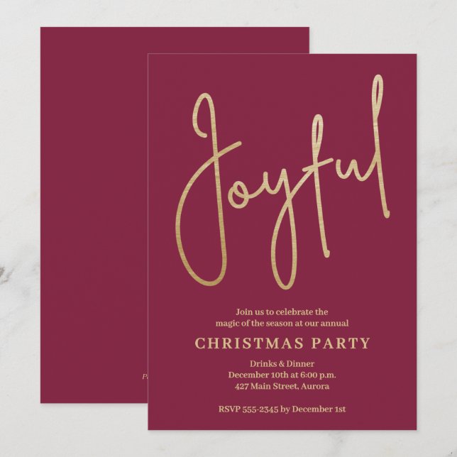 Convites JOYFUL Gold Faux Foil on Cranberry Christmas Party (Frente/Verso)
