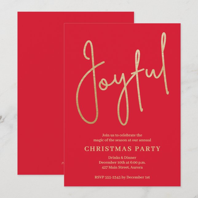 Convites JOYFUL Gold Faux Foil on Red Christmas Party (Frente/Verso)