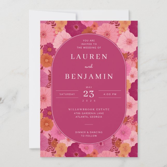 Convites Joyful Magenta Floral Wedding Invitation (Frente)