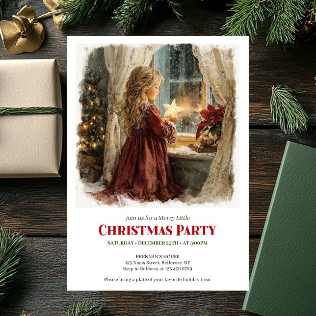 Convites Joyful Victorian Little Girl Awaiting Santa Print  (Joyful Victorian Little Girl Awaiting Santa Printable Invite)