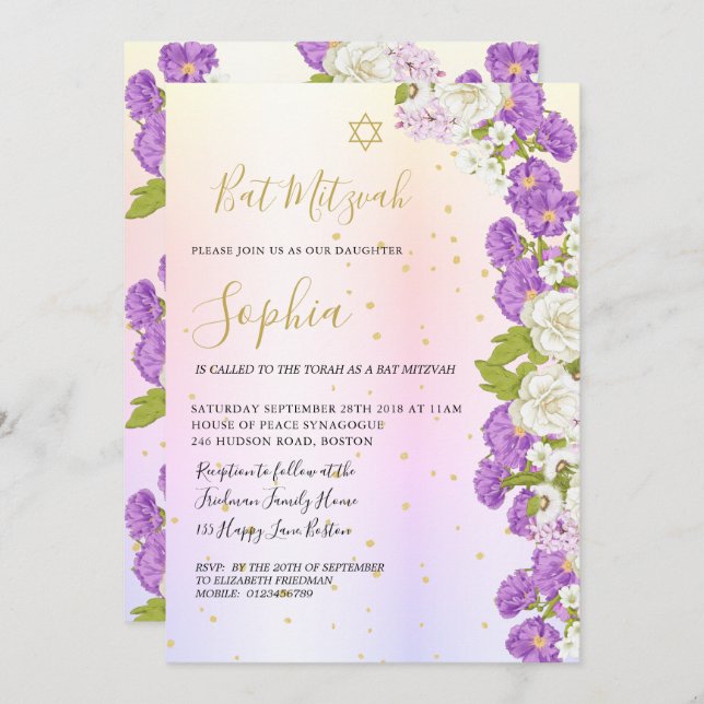 Convites Judeu Bat Mitzvah Purple Floral Dourado Hebraico (Frente/Verso)