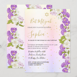 Convites Judeu Bat Mitzvah Purple Floral Dourado Hebraico