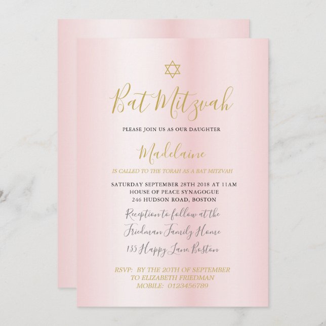 Convites Judeu Bat Mitzvah Rosa Meninas Douradas Hebraicas (Frente/Verso)