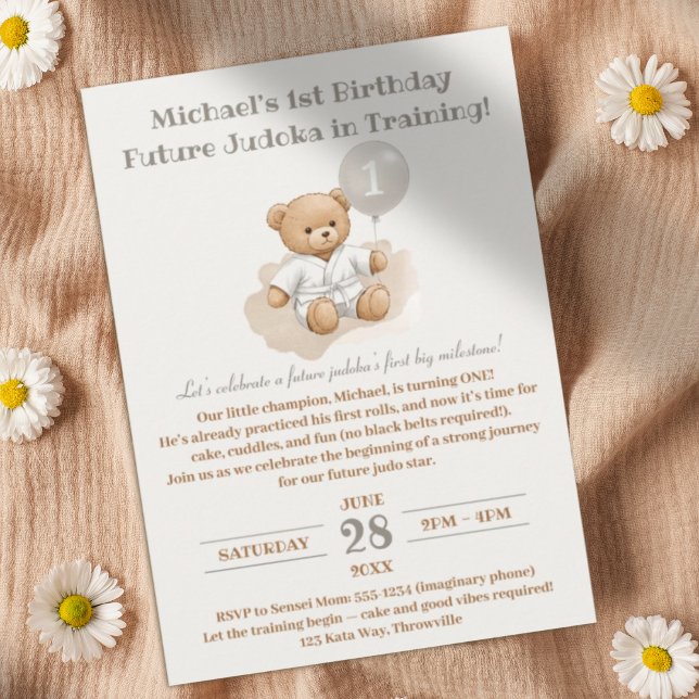 Convites Judo Bear’s First Belt" – 1st Birthday White Belt (Criador carregado)