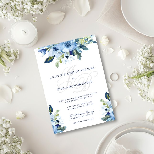 Convites Juliette Elegant Dusty Blue Floral Casamento (Vintage floral blue wedding invitation with calligraphy script)
