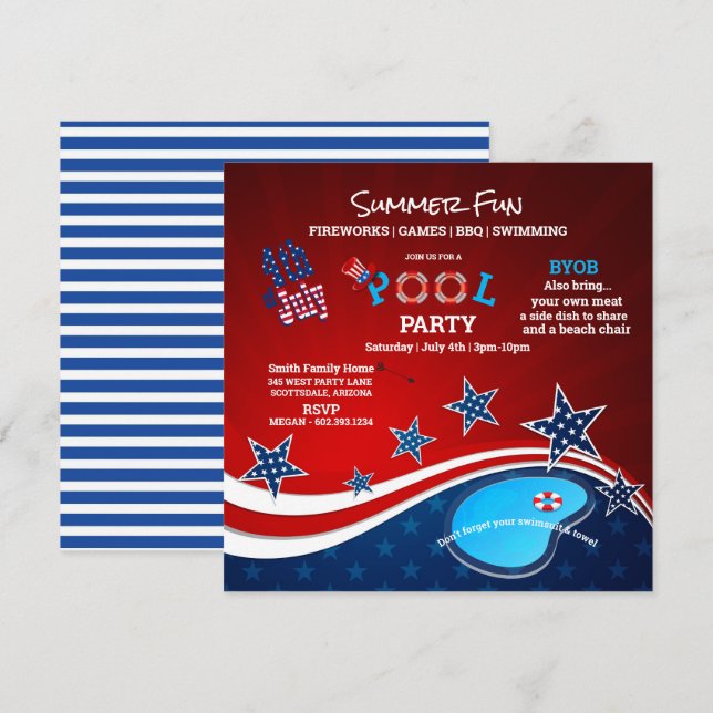 Convites July 4th Pool Party BBQ Fireworks Invitation (Frente/Verso)