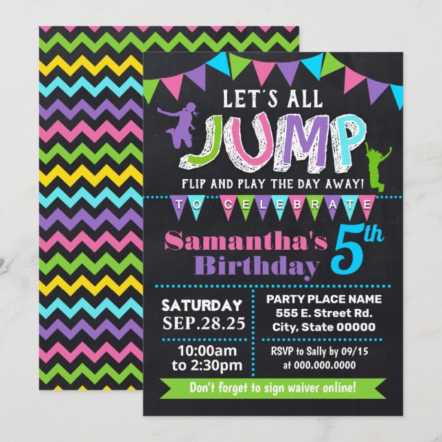 Convites Jump aniversario trampoline chalkboard rosa festa (Frente/Verso)