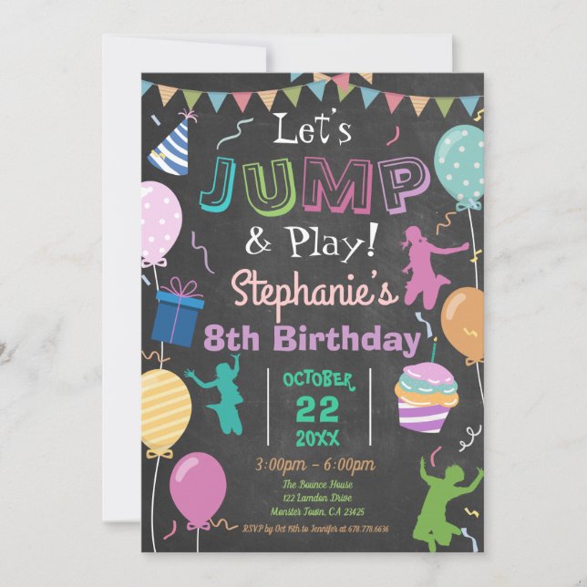 Convites Jump Birthday Chalkboard Kid Trampoline Party (Frente)