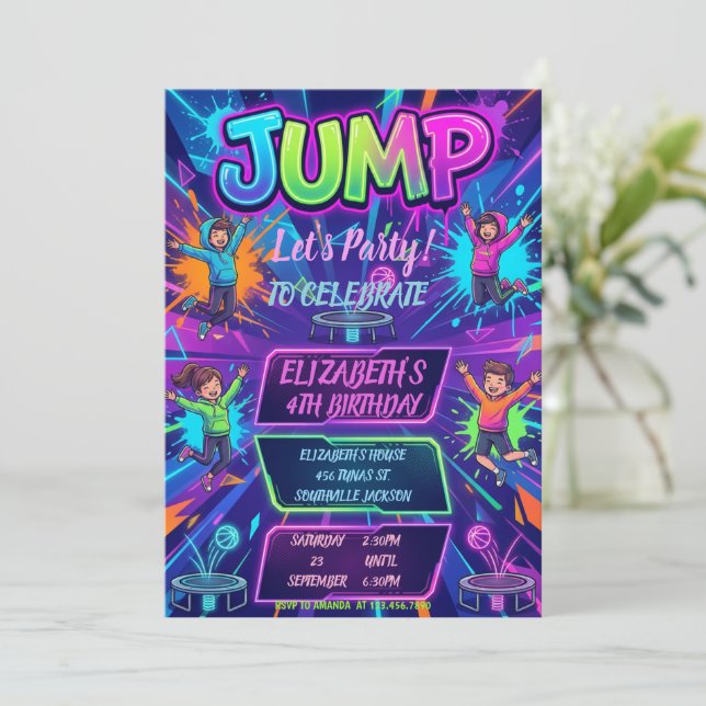 Convites Jump Birthday Party Tie Dye Neon Glow Jump Party (Em pé/Frente)