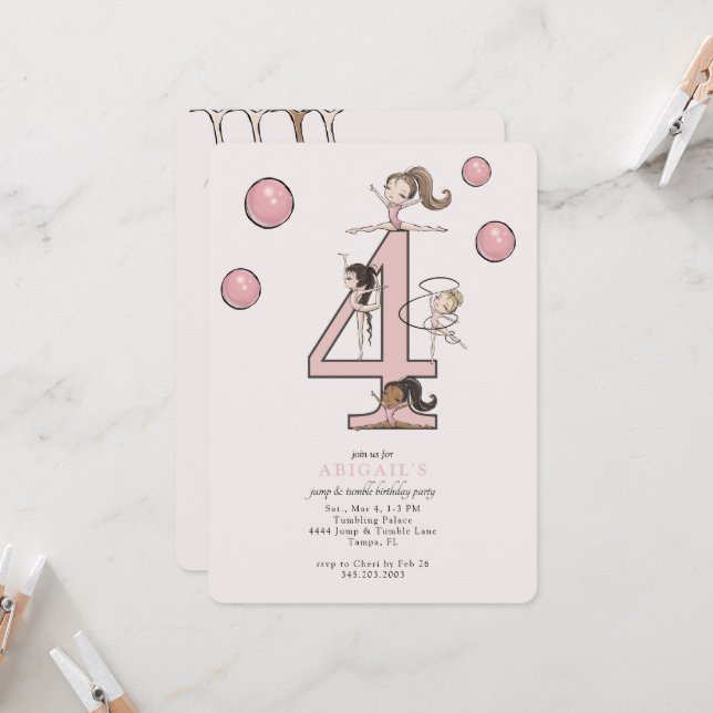 Convites Jump & Tumble Gymnastics 4th Birthday Party (Frente/Verso In Situ)