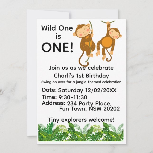 Convites Jungle 1st Birthday Invitation | Wild One First  (Frente)