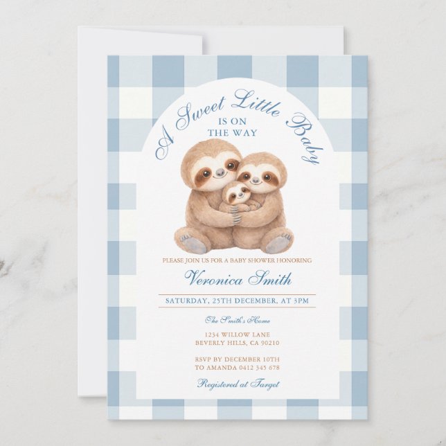 Convites Jungle Animal Blue Gingham Sloth Couples Shower (Frente)