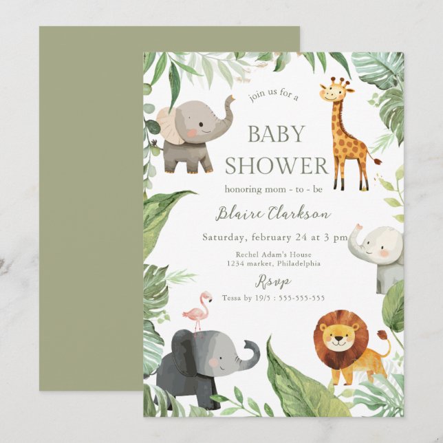 Convites Jungle Animals Baby Shower Invitation (Frente/Verso)