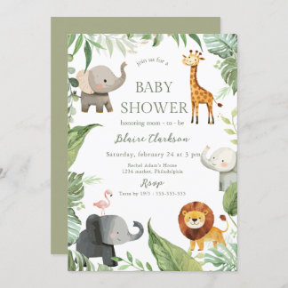 Convites Jungle Animals Baby Shower Invitation