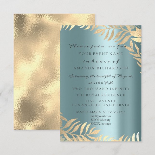 Convites Jungle Azul Dourada Elegante Noiva Aniversário (Frente/Verso)
