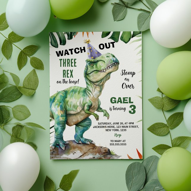 Convites Jungle Dinosaur Três-Rrex Aniversário (Criador carregado)