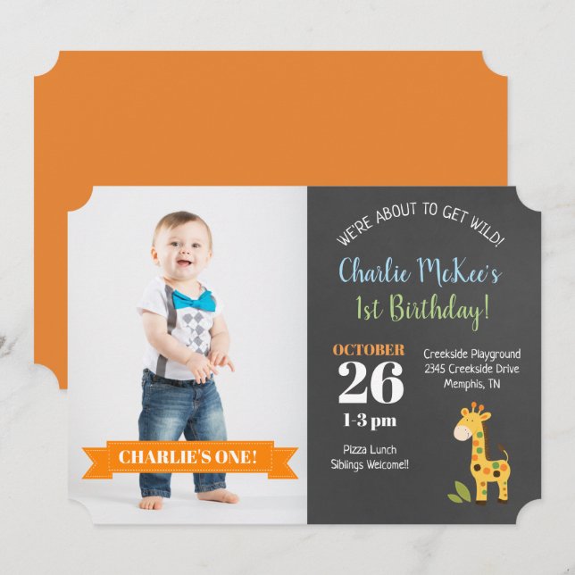 Convites Jungle Giraffe Chalkboard Birthday Mort Cut Invite (Frente/Verso)