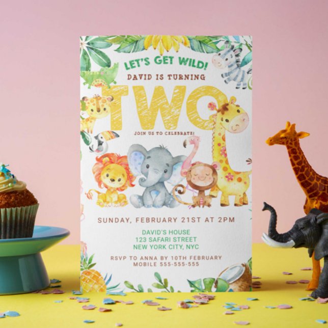 Convites Jungle Safari 2º Aniversário do Menino Festa Zooló (2nd birthday party jungle safari animals zoo themed two wild party animals invitation template cute)