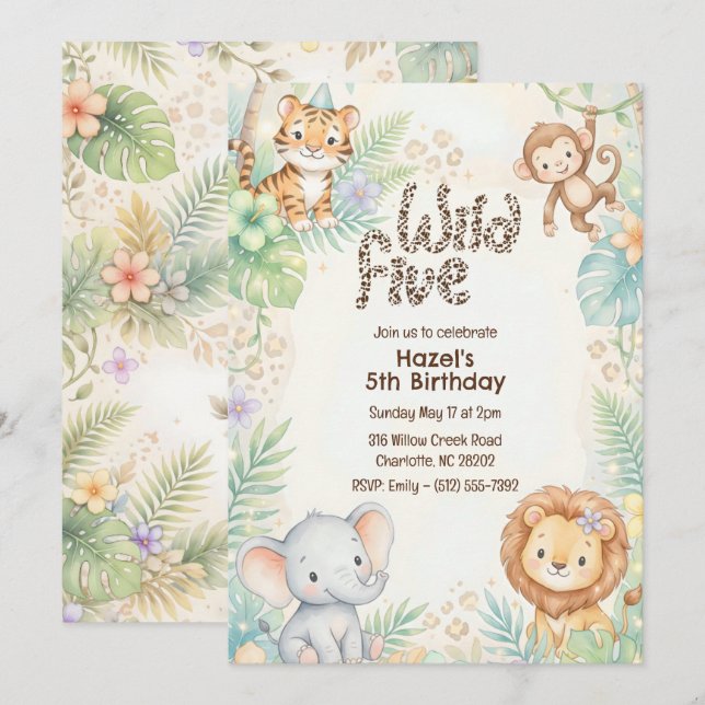 Convites Jungle Safari Animals Wild Five 5th Birthday  (Frente/Verso)