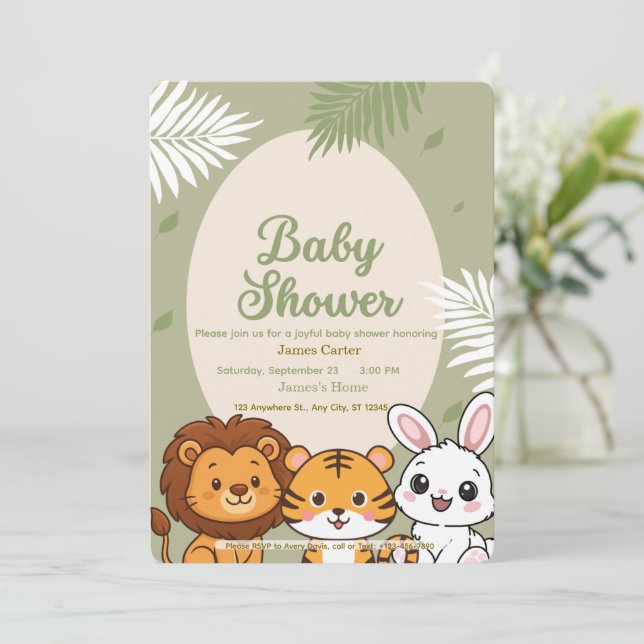 Convites Jungle Safari Baby Shower Invitation (Em pé/Frente)