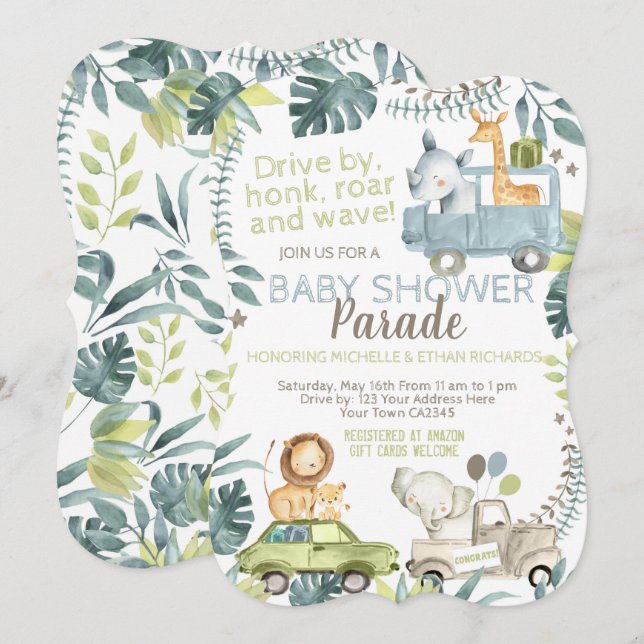 Convites Jungle Safari Baby Shower Parade (Frente/Verso)