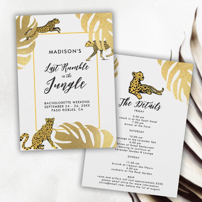 Convites Jungle Safari Cheetah Dourado Bachelorette Itinerá (last rumble jungle safari bachelorette party itinerary invitation cheetah monstera gold leaf elegant)
