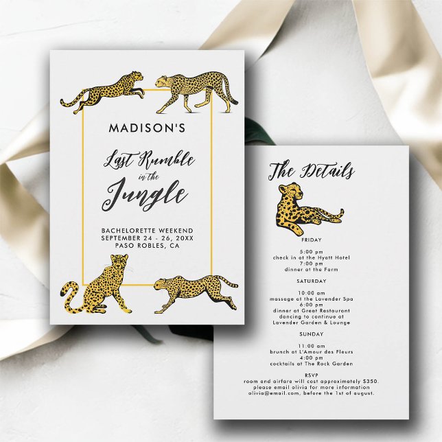 Convites Jungle Safari Cheetah Festa de solteira Itinerário (jungle safari bachelorette party itinerary cheetah illustration last rumble elegant modern simple )