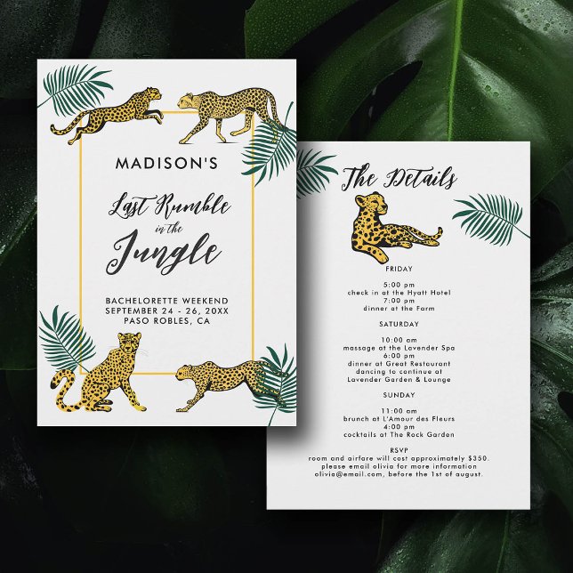 Convites Jungle Safari Leaf Cheetah Bachelorette Itinerário (safari jungle cheetah print last rumble bachelorette party itinerary invitation tropical leaf chic)