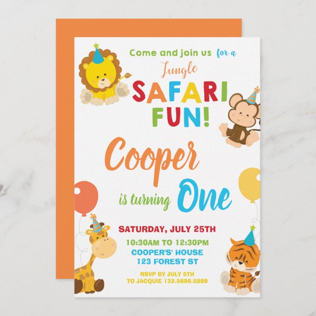 Convites Jungle Safari, primeiro aniversario do Partido Sel (Frente/Verso)