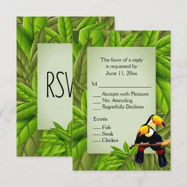 Convites Jungle Toucans RSVP com Seleção de Prato Principal (Frente/Verso)