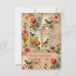 Convites Junk Journal Seite mit Blumen + Vögeln -