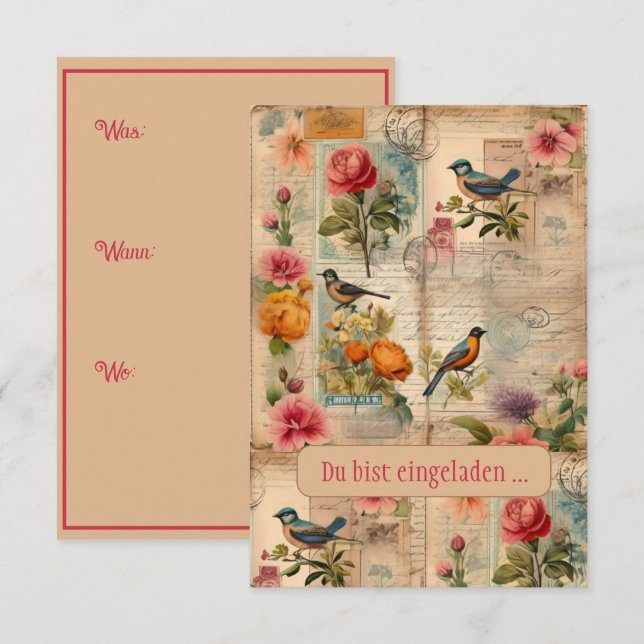 Convites Junk Journal Seite mit Blumen + Vögeln -  (Frente/Verso)