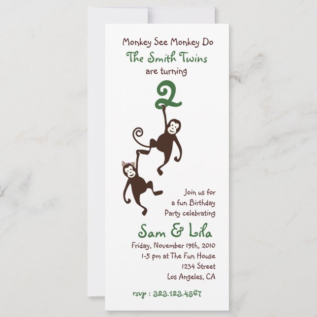Convites Junta o segundo aniversário, macacos (Frente)