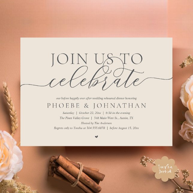 Convites Junte-se a Nós para Celebrar, Jantar de Ensaio de  (Join Us To Celebrate, Modern Classy Wedding Rehearsal Dinner Invitation card in cream grey)