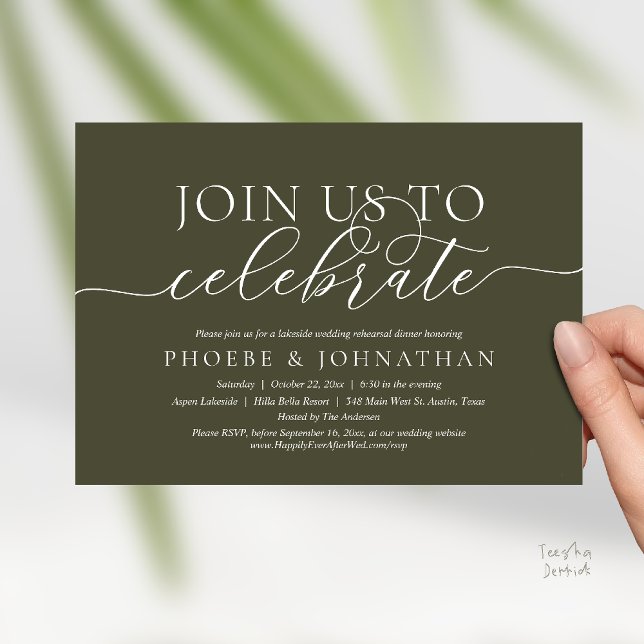 Convites Junte-se a Nós para Celebrar, Jantar de Ensaios do (Join Us To Celebrate, Modern Classy Wedding Rehearsal Dinner Invitation card in olive green)