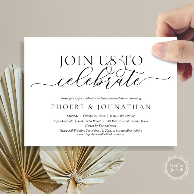 Convites Junte-Se A Nós Para Comemorar, Janto De Ensaio De  (Join Us To Celebrate, Romantic Wedding Rehearsal Dinner Invitation Card, PDF, in Black and White)